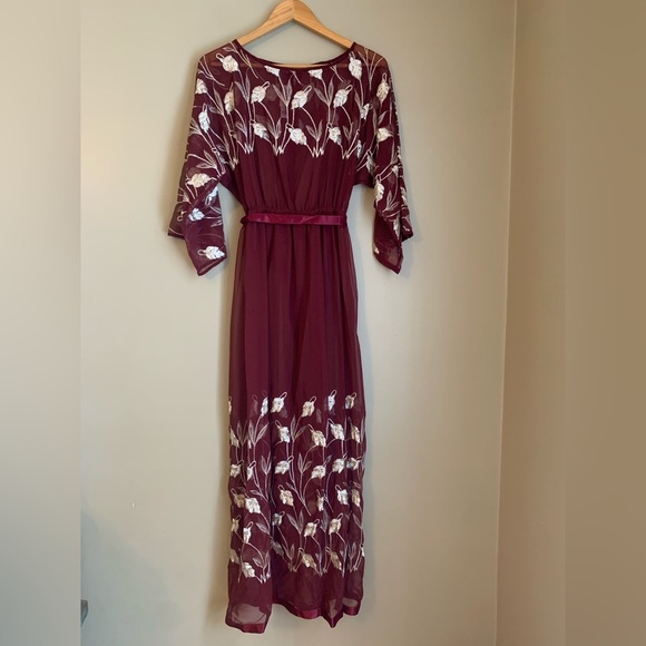 70s Victor Costa Maxi Dress sheer embroidered belted buttons down the back - Picture 1 of 11